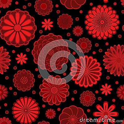 Red circle daisy flowers on black seamless pattern, vector Vector Illustration