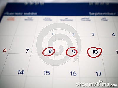 Red circle marked on three days calendar for reminder or remember important appointment Stock Photo