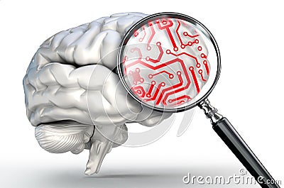 Red circuit on magnifying glass and human brain Stock Photo