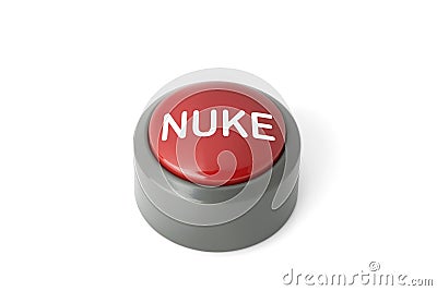 Red Circular Push Button Labeled `Nuke` on White Background Stock Photo