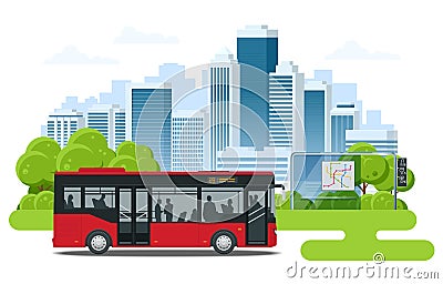 Red City Bus at a bus stop. People get in and out of the bus. Public transport with driver and people. Vector Illustration