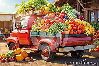 Red classic truck loaded with a harvest of vegetables and fruits Stock Photo