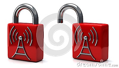 Open and close padlock with wireless icon, 3d Stock Photo