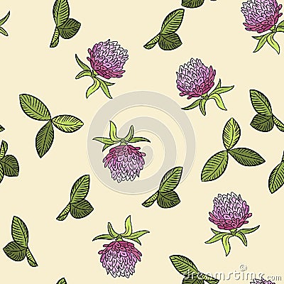 Red clover botanical boho seamless pattern. Victorian flowers cote cozy wallpaper print. Vector illustration cartoon style boho Vector Illustration