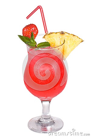 Red cocktail with pineaple and strawberry Stock Photo