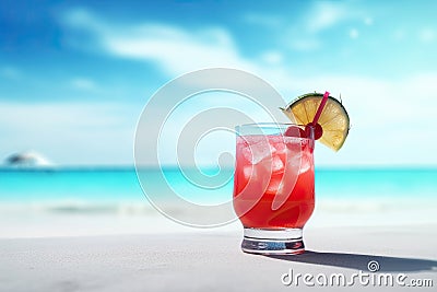 red cocktail on the white sand of a paradisiacal beach with the sea in the background. Copy space. Ai generative Stock Photo