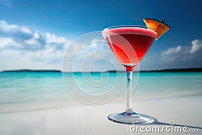red cocktail on the white sand of a paradisiacal beach with the sea in the background. Copy space. Ai generative Stock Photo