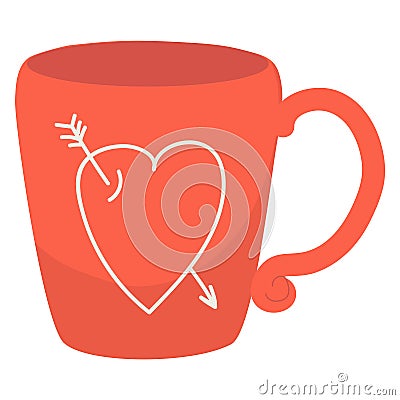 Red coffee mug with white heart arrow doodle. Love themed beverage container. Valentine s Day drinkware vector Cartoon Illustration