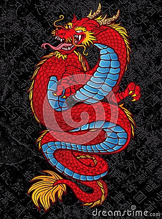 Red Chinese Dragon Tattoo on Black Vector Illustration