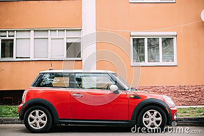 Red Color Car Mini Cooper Parked On Street Near Residential House Editorial Stock Photo