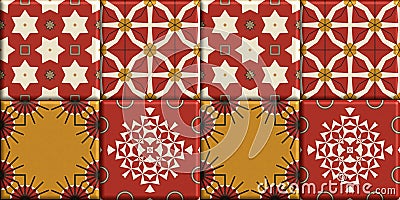 Red color embossed tile Design for ceramic, mosaic watercolor tile .Tile acrylic painted seamless, Vintage Moroccan pattern use Cartoon Illustration