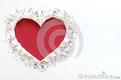 Red color heart love shape with tear white paper. Stock Photo