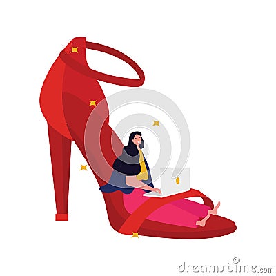 red color highheel lady shoes accessory fashion glamour elegance feminine style and beautiful girl sitting with laptop Vector Illustration