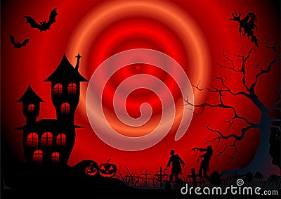 Red color illustration for Halloween with creepy zombies, house, pumpkins and bats Cartoon Illustration