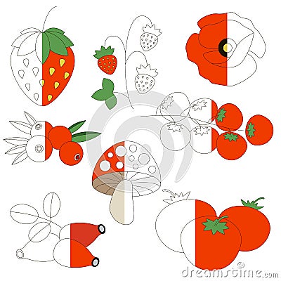 Red Color Images, the big kid game to be colored by example half. Vector Illustration