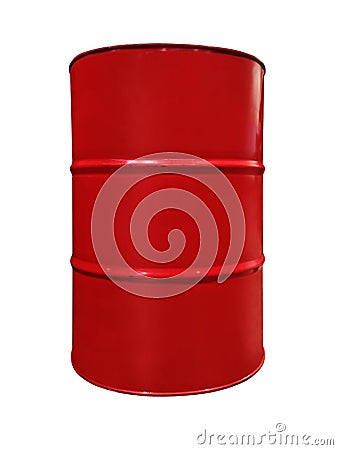 Red color metal oil barrel, isolated on white background. Red metal oil drum isolated on white background. Black gold. Oil barrel Stock Photo