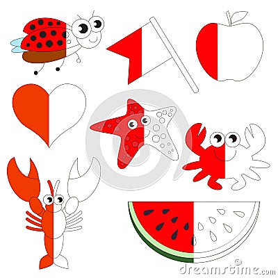 Red Color Objects, the big kid game to be colored by example half. Vector Illustration