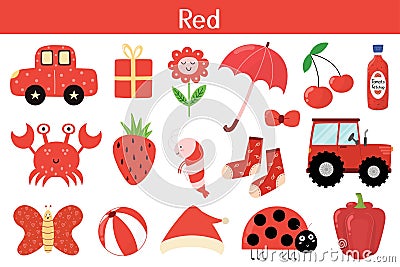 Red color objects set. Learning colors for kids. Cute elements collection Vector Illustration