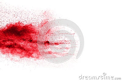 Red color powder explosion on white background. Stock Photo