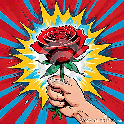 Red color single rose flower hand held artistic Cartoon Illustration