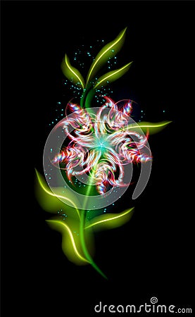 Red colorful glowing flower. Beautiful trendy ornamental floral fiery element over black. Modern illuminated ornaments with Vector Illustration