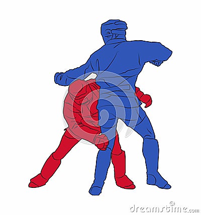 Red Combat Sambo Fighter Ducking To Avoid Punch Stock Photo