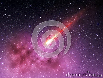 Red Comet Asteroid fall Meteorite in galaxy starry sky abstract background Stock Photo