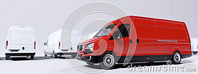 Red commercial van and fleet of white trucks. Transport. Transport and shipping Cartoon Illustration