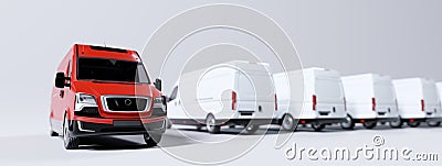 Red commercial van and fleet of white trucks. Transport. Transport and shipping Cartoon Illustration