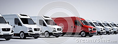 Red commercial van and fleet of white trucks. Transport. Transport and shipping Cartoon Illustration