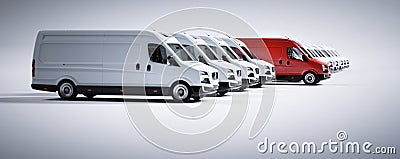 Red commercial van and fleet of white trucks. Transport. Transport and shipping Cartoon Illustration