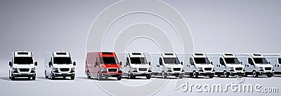 Red commercial van and fleet of white trucks. Transport. Transport and shipping Cartoon Illustration