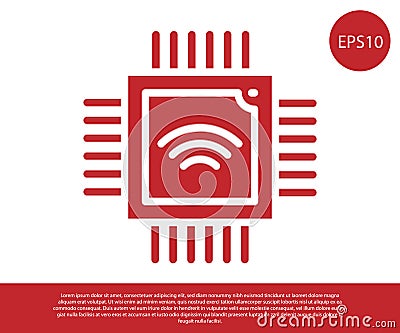 Red Computer processor with microcircuits CPU icon isolated on white background. Chip or cpu with circuit board. Micro Vector Illustration