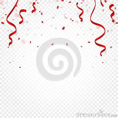 Red confetti, serpentine or ribbons falling on white transparent background vector illustration. Party, festival, fiesta Vector Illustration