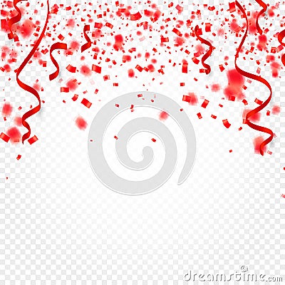 Red confetti, serpentine or ribbons falling on white transparent background vector illustration. Party, festival, fiesta Vector Illustration