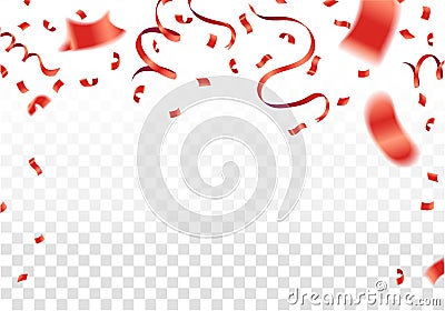 Red confetti, serpentine or ribbons falling on white transparent Vector Illustration