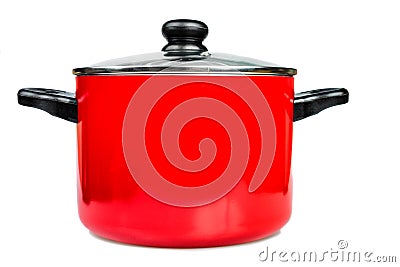 Red cooking pot wit glass lid Stock Photo