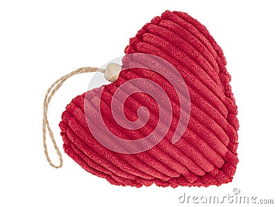 Red cord fabric heart shape pincushion isolated on white. Stock Photo