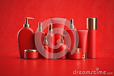 Red cosmetics bottles and tubes on a red background Cartoon Illustration