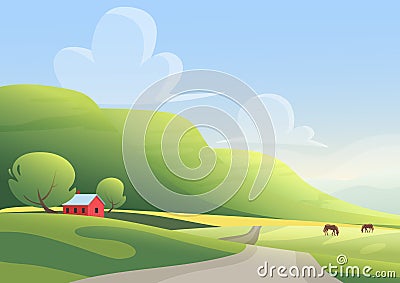 Red cottage and grazing horses on sides of countryside road against green hills and cloudy blue sky. Cartoon landscape Vector Illustration