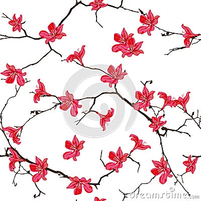 Red cotton tree chinese seamless vector print Vector Illustration