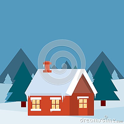 Red country house. Winter landscape with snow and forest Vector Illustration