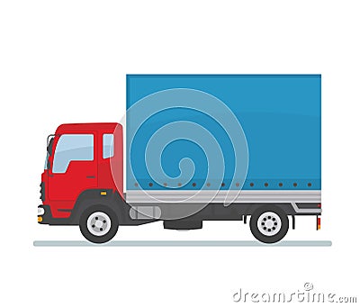 Red covered truck isolated on white background. Transport services, logistics and freight of goods. Vector Illustration