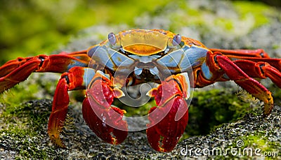 Red crab sitting on the rocks. The Galapagos Islands. Pacific Ocean. Ecuador. Cartoon Illustration