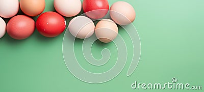 Red and cream-colored eggs presented on a fresh green surface create a vibrant contrast. Perfect for spring-themed Stock Photo