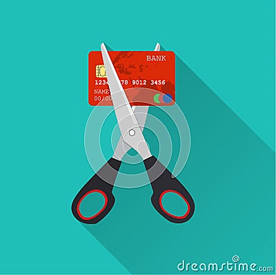 Red credit card cutting by the scissors. Vector Illustration