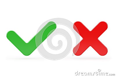 Red Cross and Green Check Mark, Confirm or Deny, Yes or No Icon Sign. 3d Rendering Stock Photo