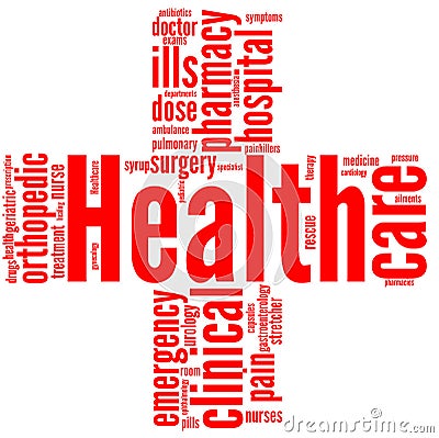 Red cross - Health and wellbeing tag or word cloud Stock Photo