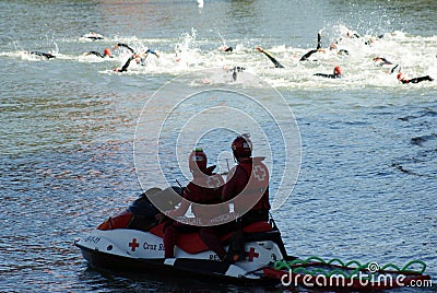 Red Cross rescue unit half distance triathlon Bilbao Editorial Stock Photo