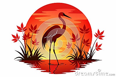 Red Crowned Crane Silhouette at Sunset Vector Illustration with Pond Plants white background Vector Illustration